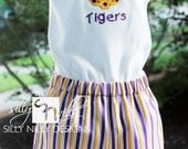 LSU inspired tiger spirit wear onesie with elastic shorts set sizes 3 months to 18 months for the boys