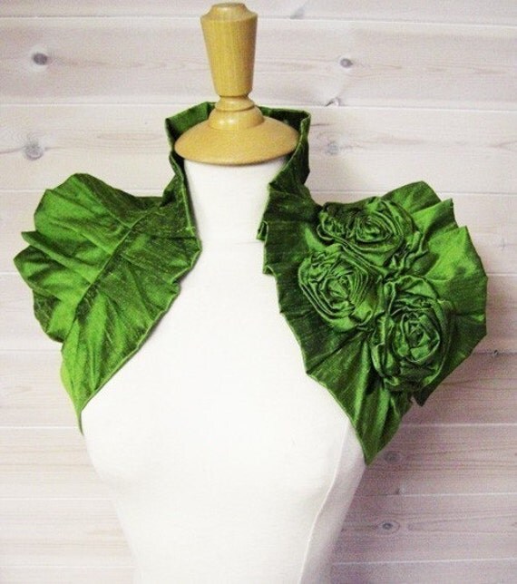 Victoriana Wrap - Parrot Green Dupioni Raw Silk Wrap Ruffled Shrug with Handmade Corsage Flower Detail Vintage Inspired