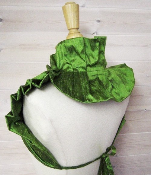 Victoriana Wrap - Parrot Green Dupioni Raw Silk Wrap Ruffled Shrug with Handmade Corsage Flower Detail Vintage Inspired
