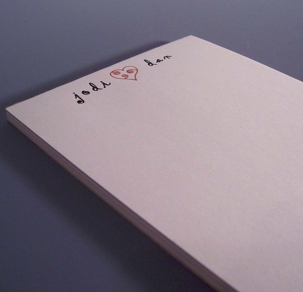 Couple's Love Notepad - Your Names Here - Large Size - You Choose Paper Color and Font - Recycled Paper