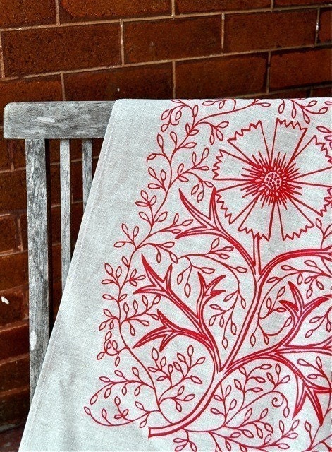 Unbleached Linen Tea Towel - Tomato Filigree