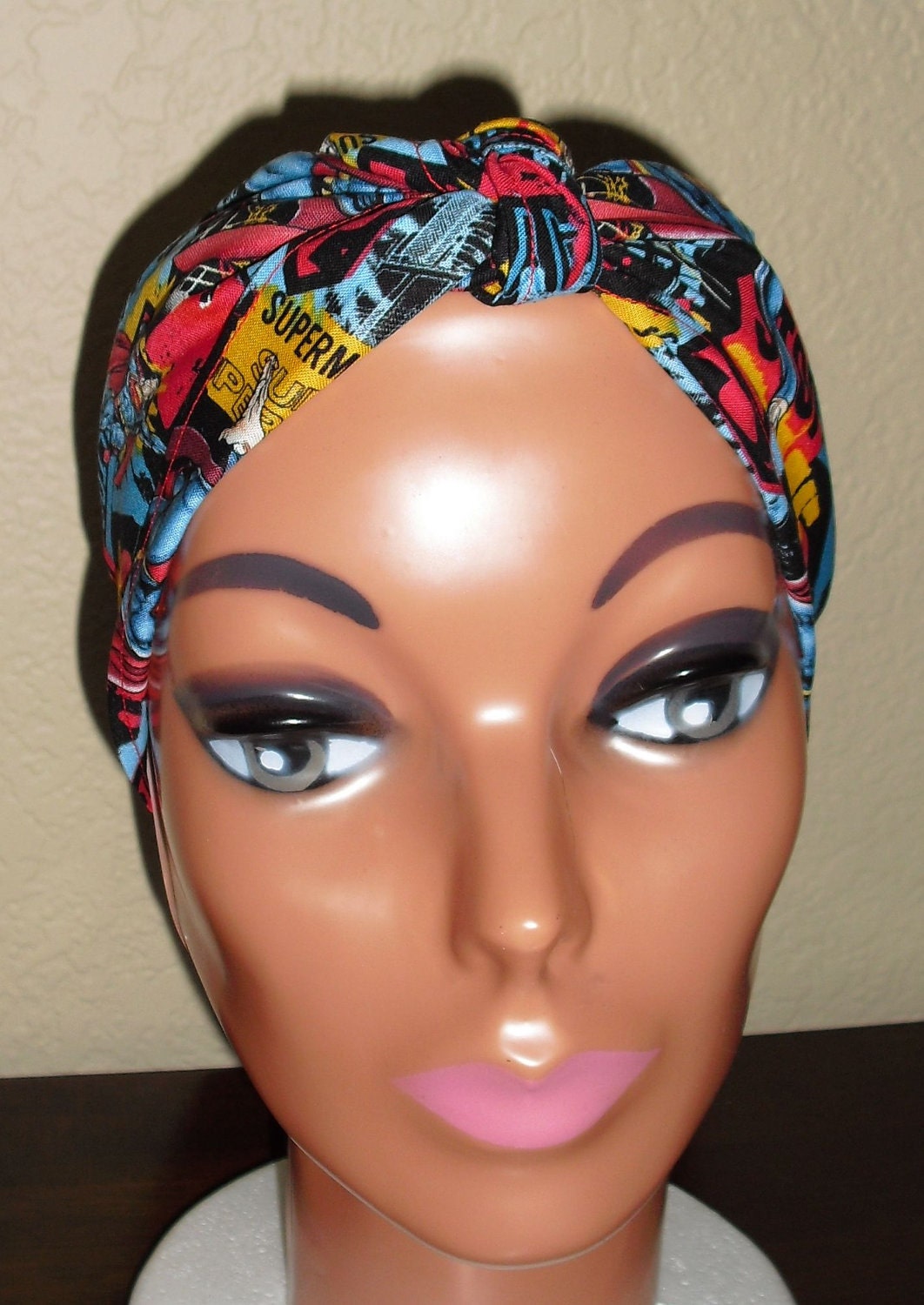 Pin-Up Rockabilly Style Hair-Head Wrap Scarf Tie Headband Made From Superman Comic Fabric