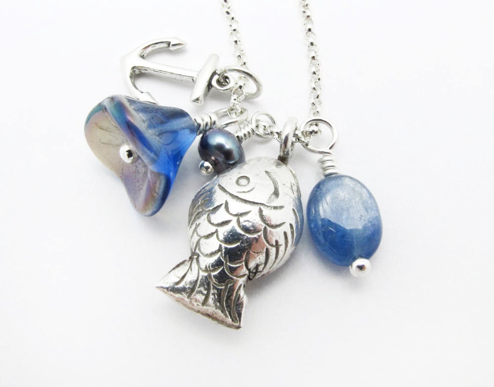 nautical necklace, silver necklace, charm necklace, Anchor necklace, kyantite necklace nautical jewelry silver chain, shark week