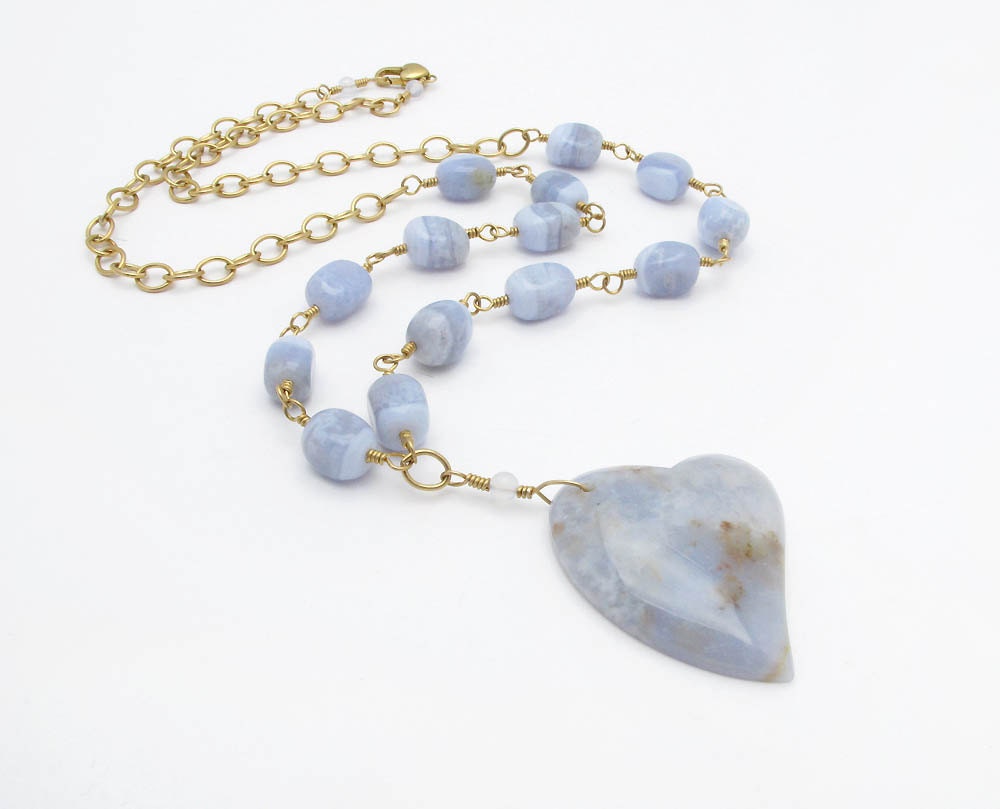 blue stone necklace heart shaped pendant blue lace agate necklace gold necklace statement necklace bride necklace wedding necklace