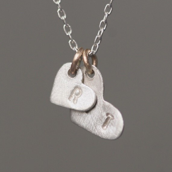 Double Heart Initial Necklace in Sterling Silver and 14K