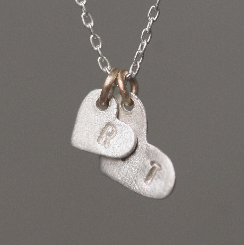 Double Heart Initial Necklace in Sterling Silver and 14K