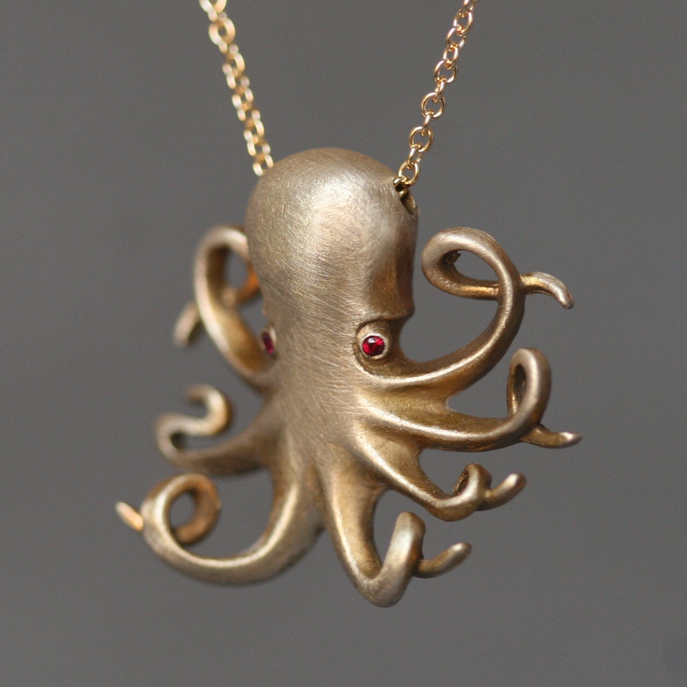 Long Baby Octopus Necklace in Brass with Rubies