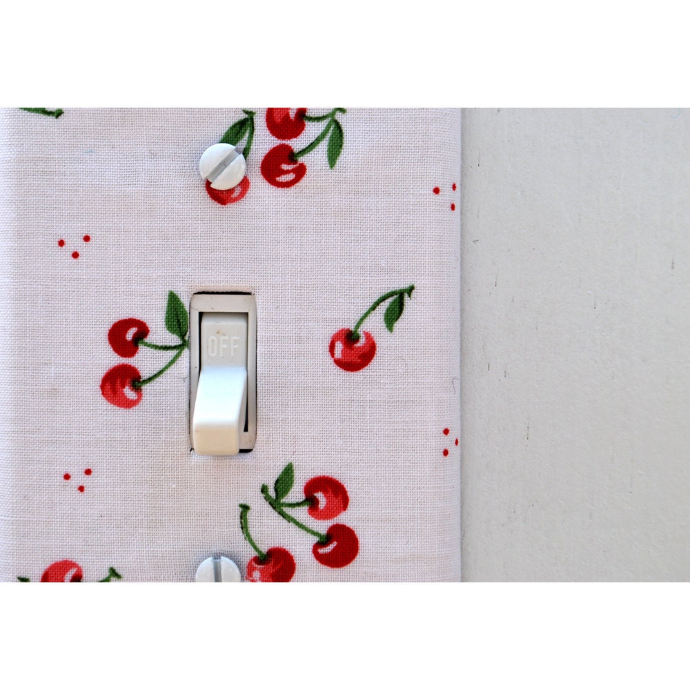 Light Switch Plate Cover - white with red cherry clusters, fruit, retro, rockabilly, 50s
