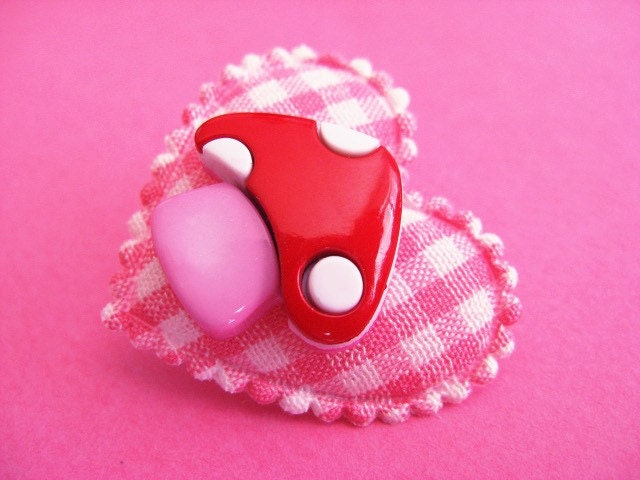 Heart and Mushroom Gingham Brooch - Pink and Red