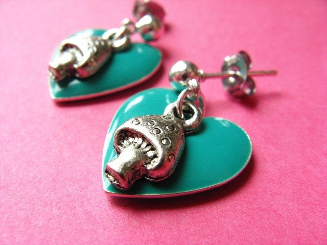 Hearts and Mushrooms Studs - Teal Heart and Toadstool Earposts