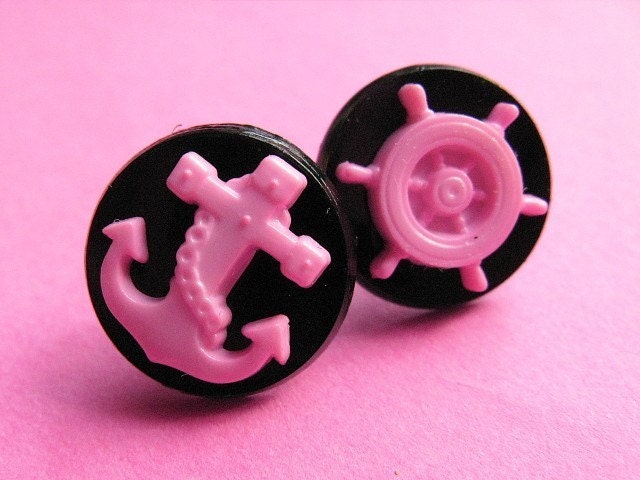 Sailor Studs - Pink Anchor and Helm Earposts