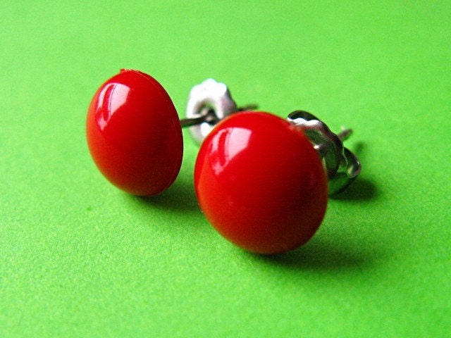 Dotties Dome Ear Posts - Round Bright Red Mod Stud Earrings