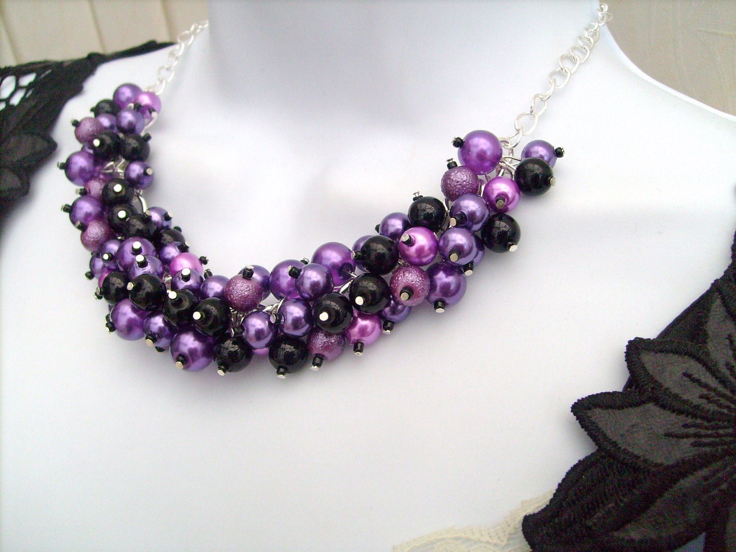 Purple and Black Beaded Necklace, Purple Bridesmaid Jewelry, Cluster Necklace, Chunky Necklace, Bridesmaid Gift, Bridesmaid Necklace