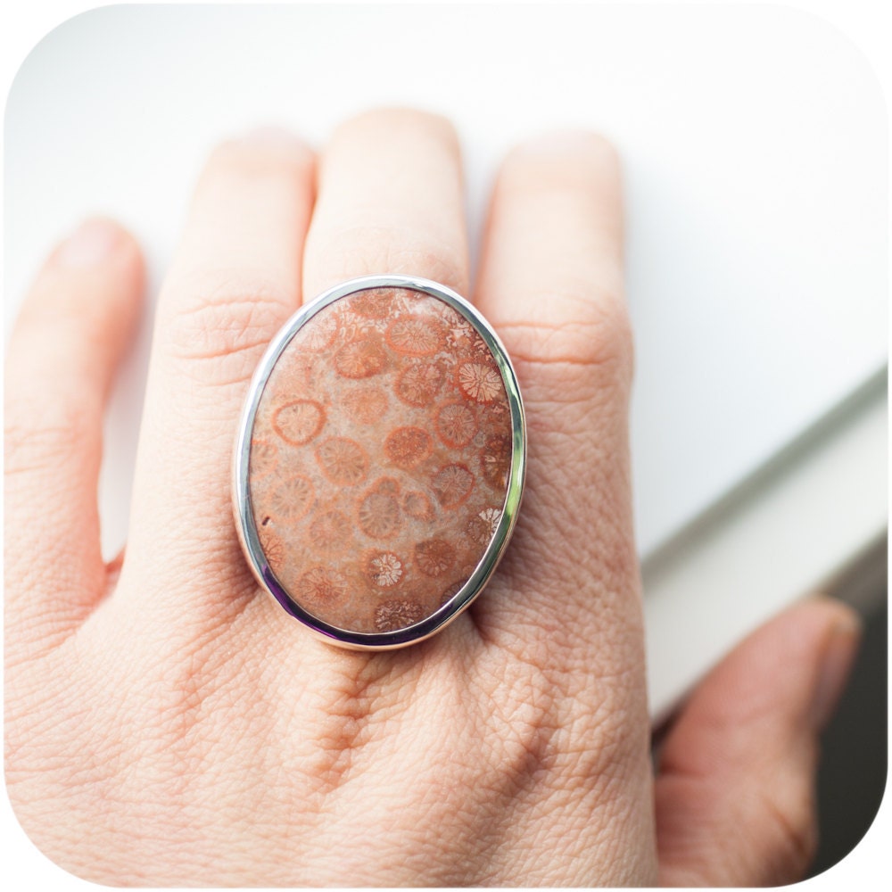 Big Blush Oval Coral Fossil Sterling Silver Ring -  Salmon and Pink dots