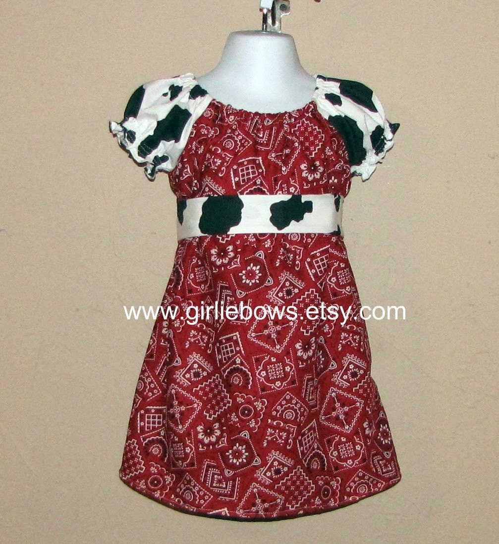 Bandana Cowgirl Red or Blue Peasant Dress with Sash 3 6 12 18 month mo 2T 3T 4T 5T 6 7 ... By Girlie Bows