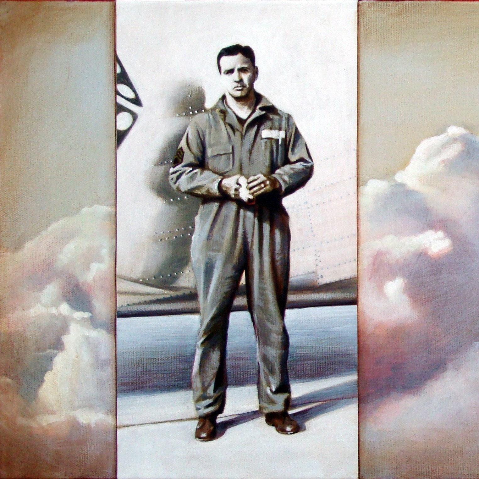Large Original Acrylic Painting - Stirring Up Allies - Modern Surreal Painting of a Pilot and Clouds in the sky