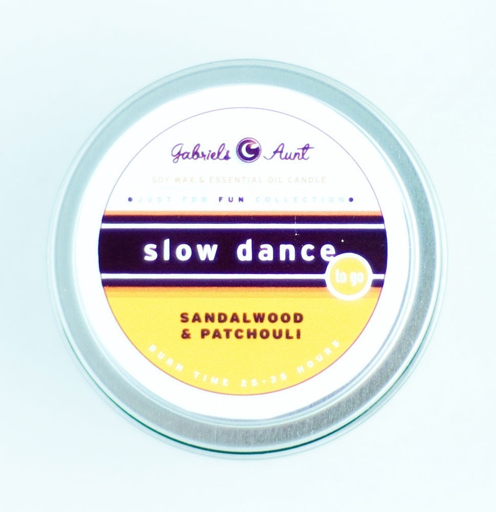 Slow Dance Sandalwood, Patchouli and Spice 6 ounce 35 hour burn time Travel Tin candle Non Toxic Eco Friendly Natural