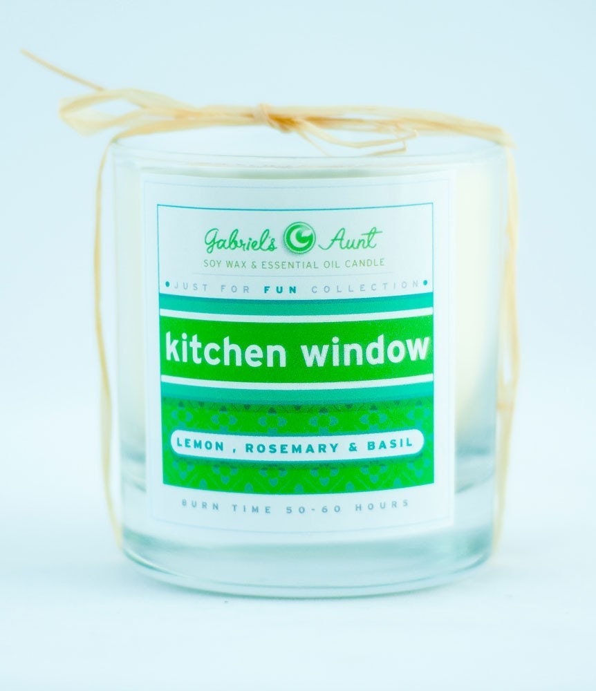 Kitchen Window Lemon Rosemary and Basil scented 60 Hour Burn Time 8oz Candle Non Toxic Eco Friendly Natural