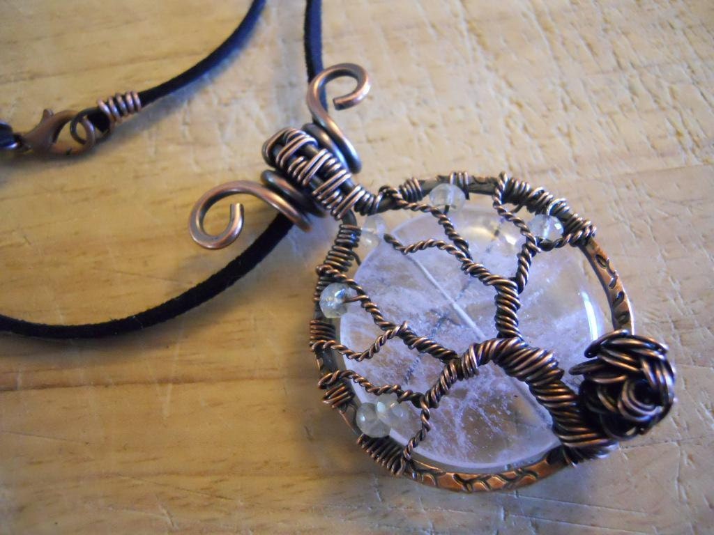 Tree of Life Pendant Quartz and Green Amethyst Prasiolite Wrapped in Hammered Stamped Oxidized Copper Wire