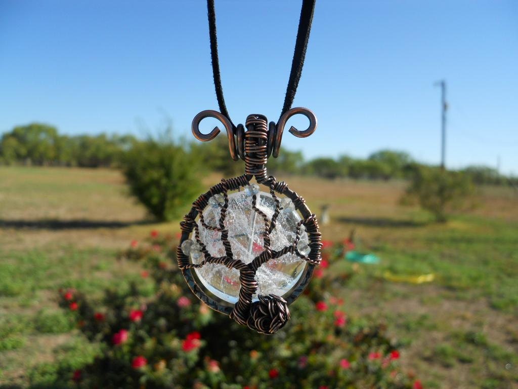 Tree of Life Pendant Quartz and Green Amethyst Prasiolite Wrapped in Hammered Stamped Oxidized Copper Wire