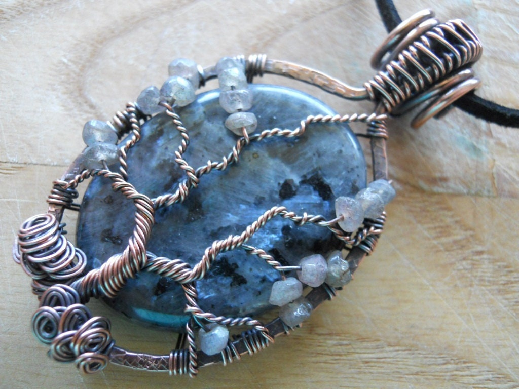 Tree of Life Pendant Black Labradorite Larvikite Wrapped in Hammered Oxidized Copper Wire