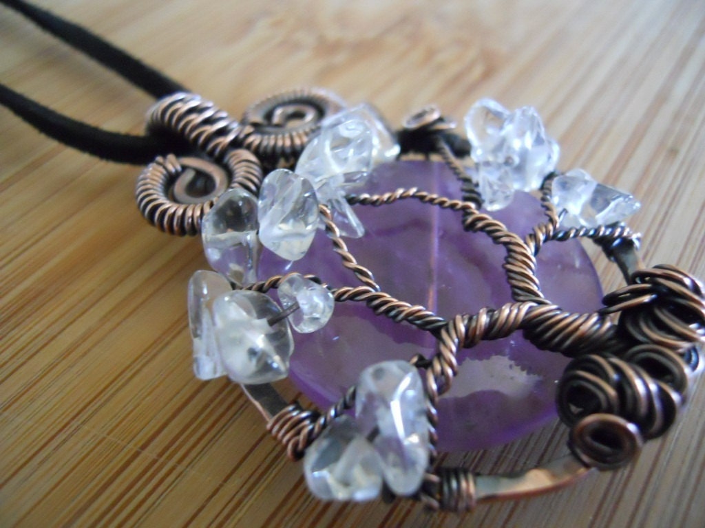 Tree of Life Pendant Amethyst Clear Quartz Wrapped in Hammered Oxidized Copper Wire