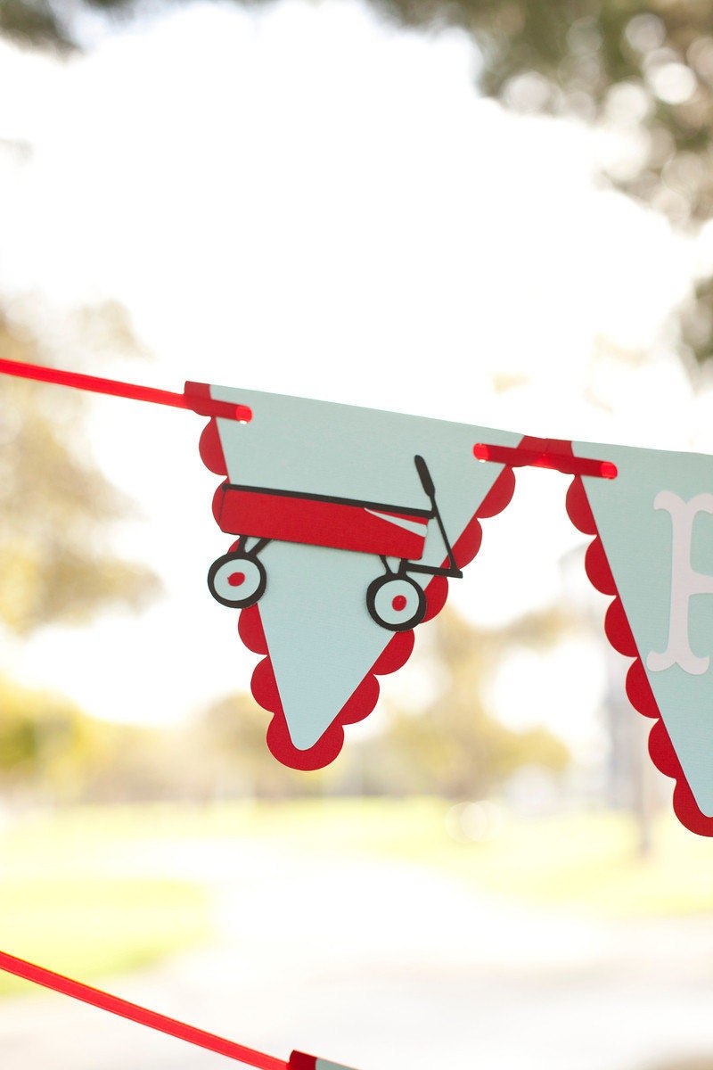 Little Red Wagon Birthday Banner - Radio Flyer Pennant Style Can be customized to any colors