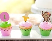 Mod Monkey  Jungle Theme Birthday Cupcake toppers Pink and Green