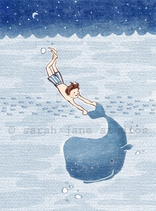 Children's Wall Art Print - Whale Dreams (Boy) - 8x10 - Boy Kids Nursery Room Decor