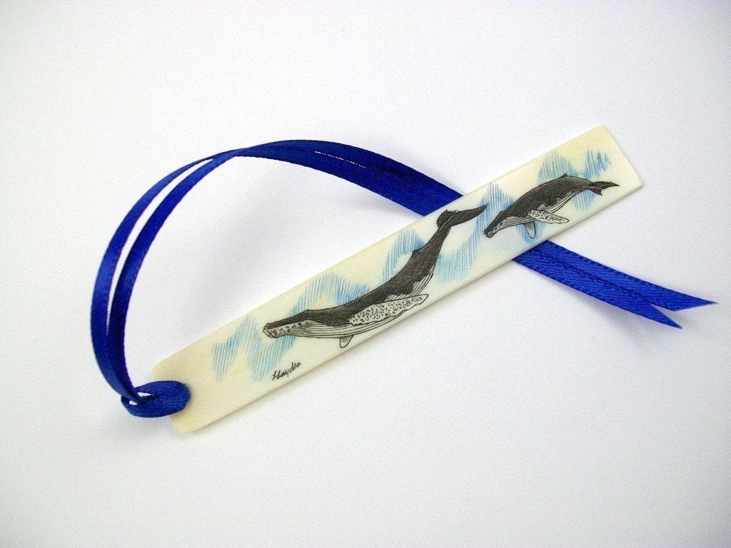 Scrimshaw Ivory Piano Key Book Mark with Humpback Whales