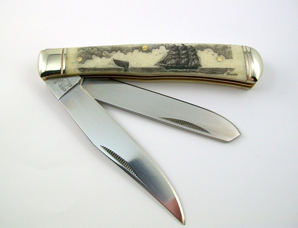 Scrimshaw Pocket Knife ship and whale fluke