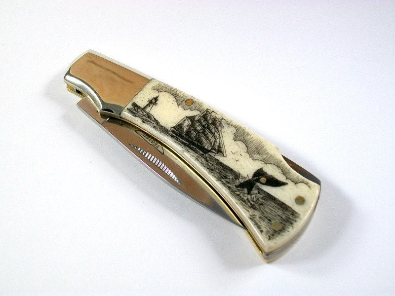 Scrimshaw Pocket Knife with Nautical Scene, Ship Lighthouse and Whale Tail