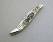 Scrimshaw Baby Toothpick Style Pocket Knife with Ship and Compass Rose