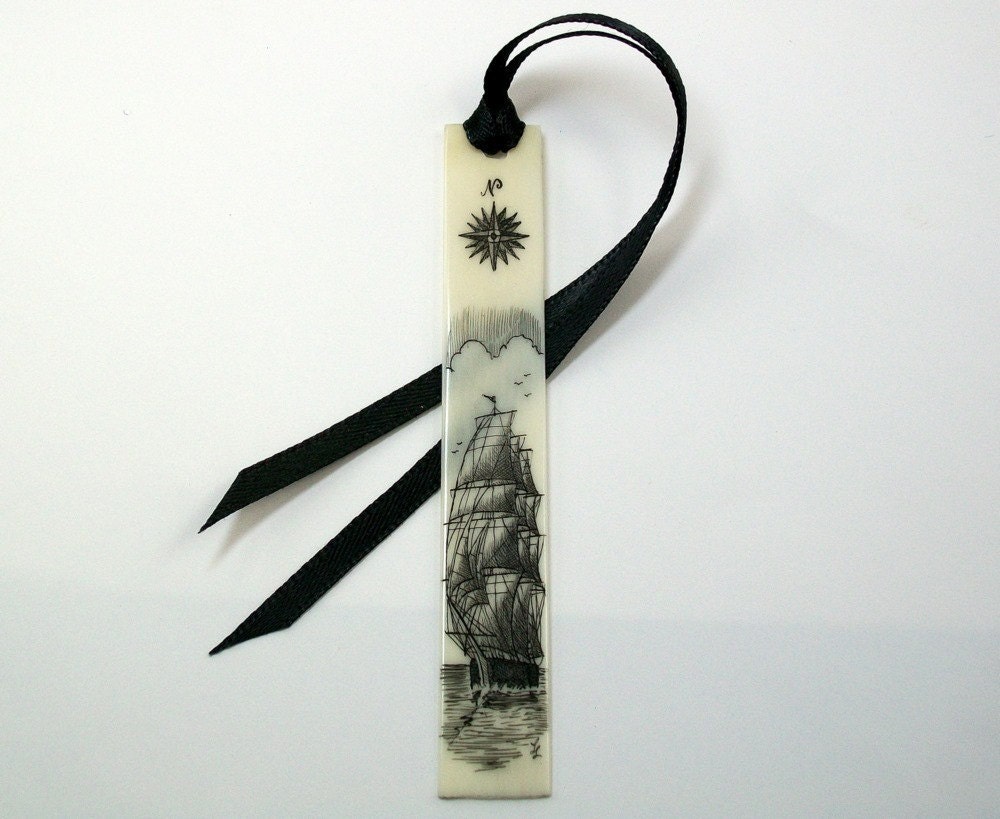 Scrimshaw piano key bookmark with Ship and Compass Rose N