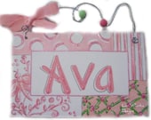 Hand personalized sweet pink and green girly name room sign with roses and butterflies