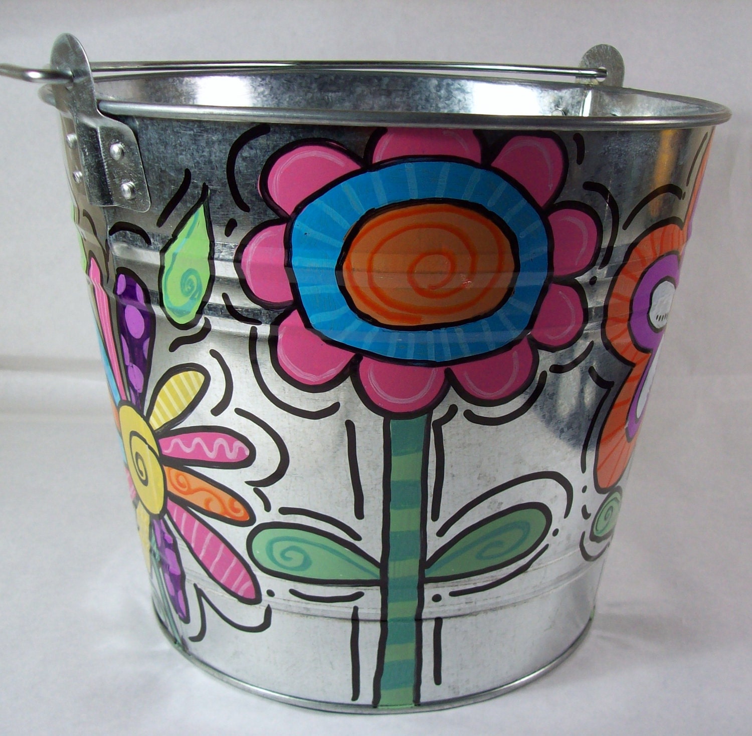 Hand painted personalized galvanized bucket with funky bright flowers perfect for any room