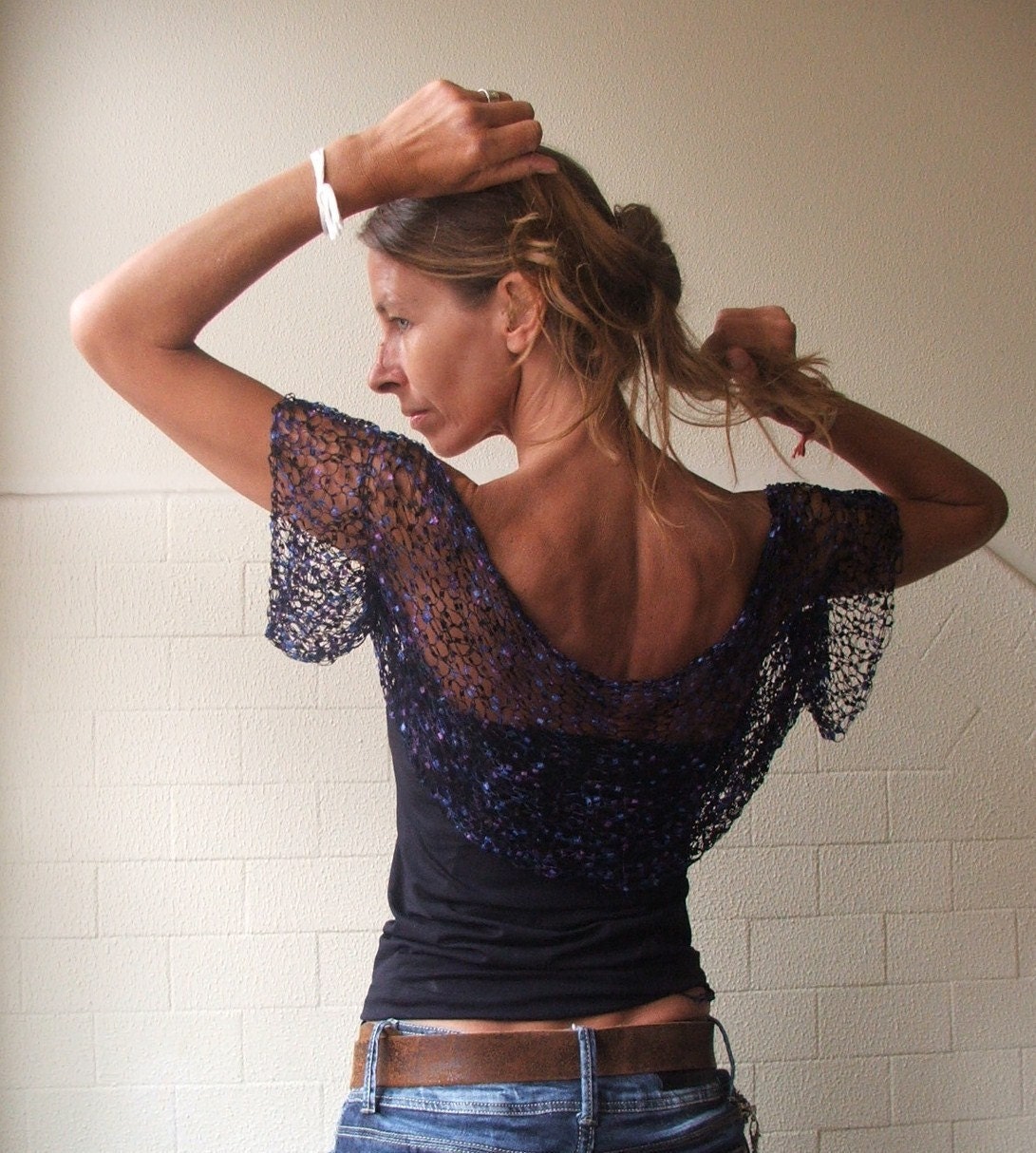 Purple blue  loose weave evening  short sleeved shrug