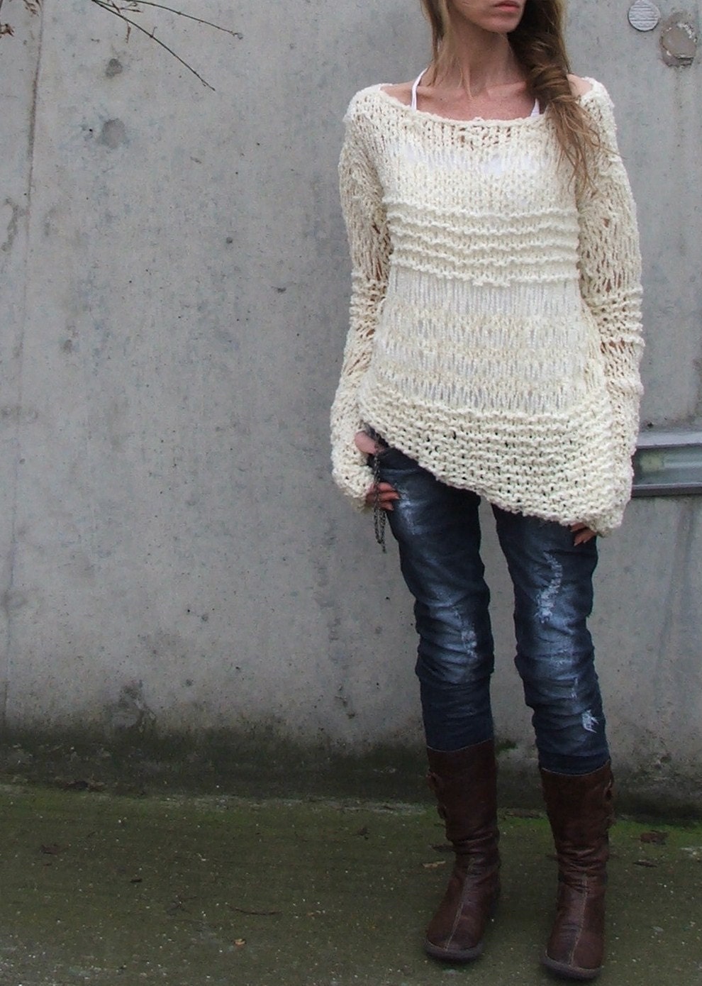 White sweater / ivory sweater / Ivory cream sweater asymmetrical Version2 oversized grunge sweater Ltd Edition