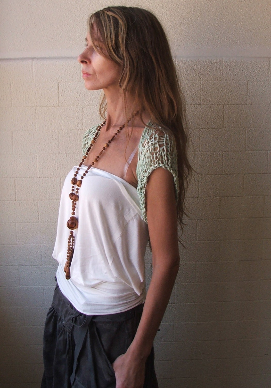 Jade green short sleeved bamboo shrug