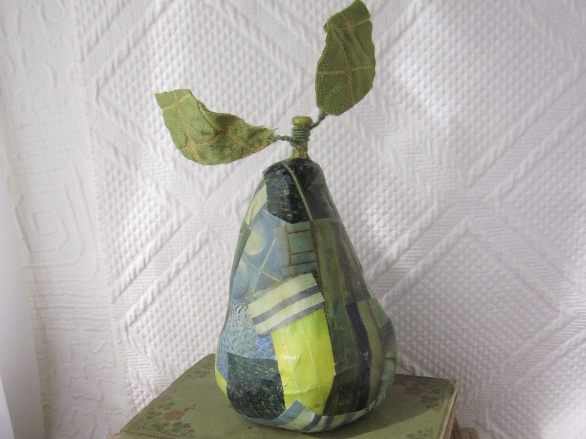 Papier Mache Pear in Upcycled Green and Blue stripes leaves