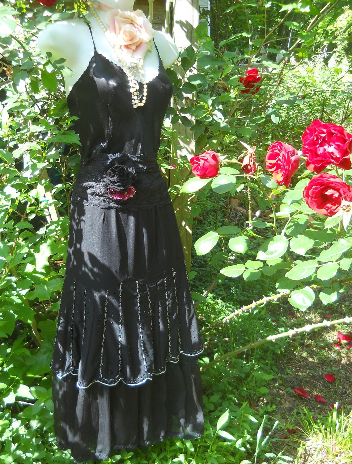 Black beaded dress silk rose sash flapper   medium  by vintage opulence on Etsy