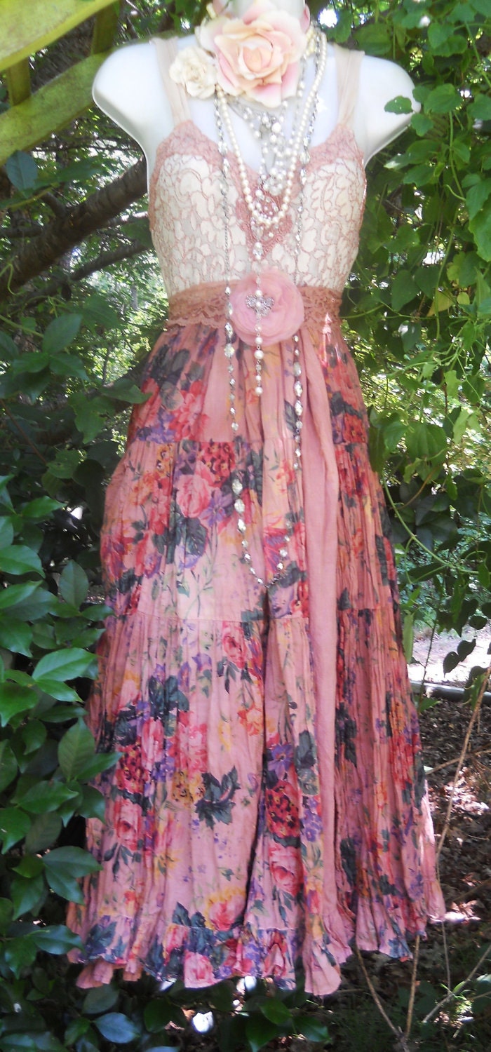 Boho floral dress ruffle cotton tea stained romantic shabby wedding prairie bohemian rose medium by vintage opulence on Etsy