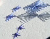 Hand Sewn paper embroidery blue squares abstract design card