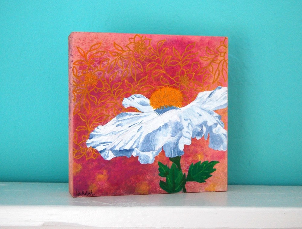 Original Painting White Poppy Floral 5x5 Pink Green Golden Yellow Summer Acrylic Ready To Hang