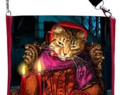 Printed LARGE shoulder bag purse with 'The Tarot Reader ' Bohemian Cats print with silk mix.