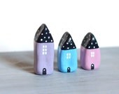 SALE - Little Village with 3 Little Clay Houses - Lilac, Blue and Pink with black roof with dots