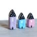 SALE - Little Village with 3 Little Clay Houses - Lilac, Blue and Pink with black roof with dots