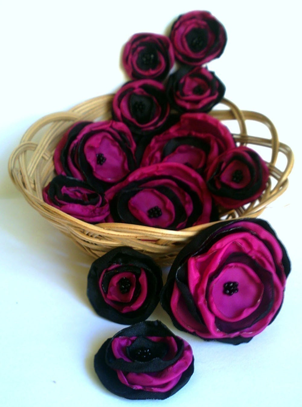 12 Handmade hot pink and black fabric flowers