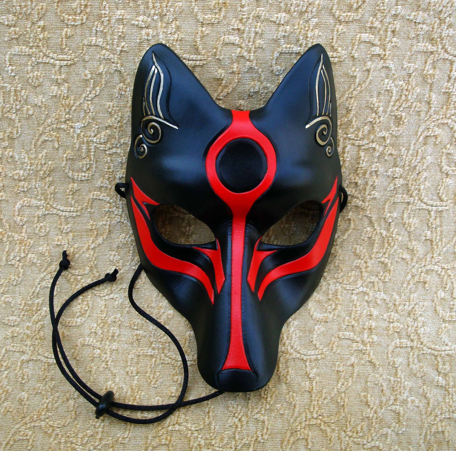 Black Okami Kitsune Mask... Japanese Fox Leather Mask