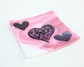 Pink & purple fused glass frit 3 heart plate  7x7